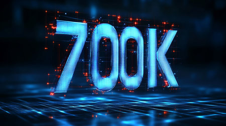 Glowing Big Digital 3D Number 700k in Futuristic Style, Data Network, Technologies Concept.の素材