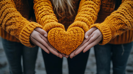 Hands cradling a heart knit from yellow yarn, symbolizing love, warmth, togetherness and connectionの素材