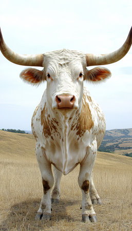 Majestic Texas Longhorn Bull Standing in a Dry Field, Cattle Ranch, Western Landscapeの素材