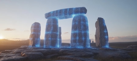 Ancient Megalithic Structure, Stonehenge with Digital Network Overlay, a Technological Fusionの素材