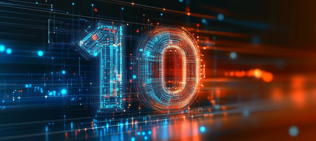 Glowing Digital Number 10 with Futuristic Circuitry and Technology Theme on Abstract Backgroundの素材