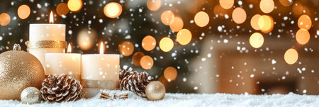Christmas candles on snow with glittery baubles, pinecones, and bokeh from the Christmas lightsの素材