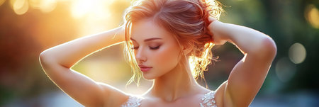 Golden Hour Beauty Young Woman With Elegant Updo And Dreamy Expression Posing In Sunlightの素材