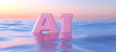 Pink 3D Letters AI Floating on Calm Water, Symbolizing Artificial Intelligence and Innovationの素材