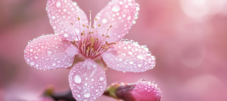 Close-up of Delicate Pink Cherry Blossoms Covered in Water Droplets on a Soft Focus Backgroundの素材