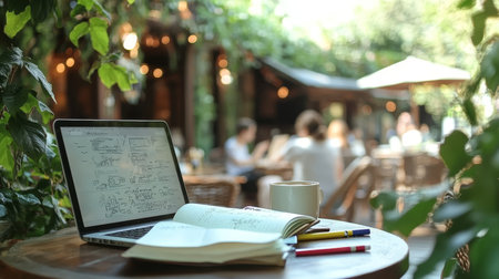 Creative Entrepreneur s Workspace Notebook, Laptop, and Pens Amidst a Lush Caf Ambianceの素材