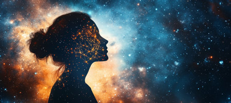 Cosmic Connection Profile of a Digital Human Head with Glowing Network on Galaxy Backgroundの素材