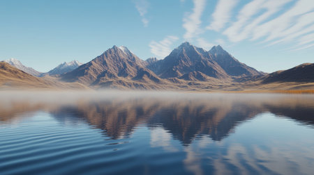 Tranquil Lake, Mountain Reflections, Misty Morning, Serene Nature Wallpaper, Scenic Landscapeの素材