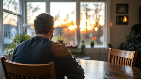 Alone At Sunrise, Thoughtful Man In Silhouette Sits At Table by Window With Soft Sun Through Treesの素材