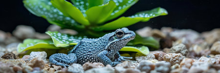 Curious Blue Frog Exploring its Terrarium Vibrant Amphibian amidst Succulent Greeneryの素材