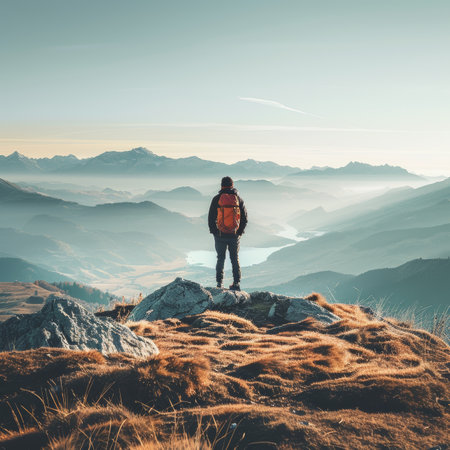Achieving The Top Lone Hiker Standing on Mountain Summit, Enjoying Breathtaking Valley Vistaの素材