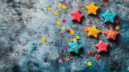 Vibrant Assorted Star Shaped Cookies on a Textured Background Scattered with Colorful Confettiの素材