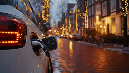 White Electric Car Charging in the City Center with Scenic Festive Bokeh Street Backgroundの素材