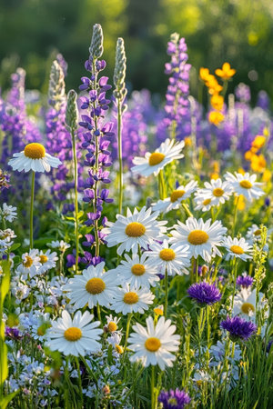 Wildflower Meadow in Pastel Colors Illuminated by Soft Sunlight, a Summer Bloom in the Afternoon.の素材