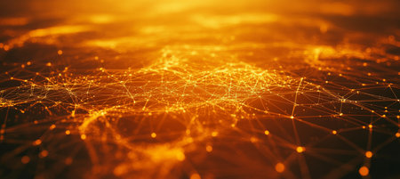 Golden Network Of Light Abstract Background With Geometric Connections, Light Points, And Linesの素材