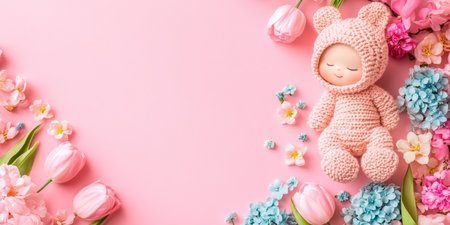 Newborn Concept. Sleeping Baby Doll Surrounded by Pink and Blue Flowers on Pastel Backgroundの素材