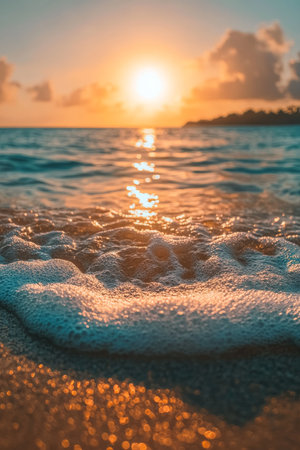 Golden Hour Glow Tranquil Coastal Scene, Gentle Waves, and Soft Sand with Sunset Huesの素材