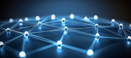 Blue Network Connections, Nodes Interconnected on Dark Blue, Communication Technologyの素材