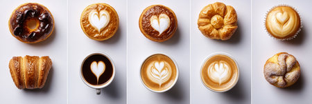 Coffee and Pastry Collage Cappuccino, Latte Art, Croissant, Donut, and Muffin on White Backgroundの素材