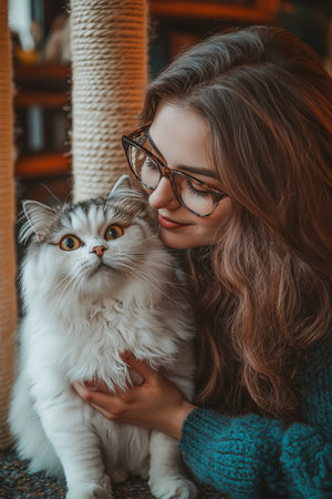 Gentle Woman with Glasses Lovingly Embraces Her Fluffy Cat, Enjoying a Moment of Indoor Tranquility.の素材