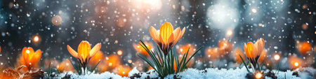Brilliant Orange Crocus Blossoms Defying Winter s Snowfall, Signaling the Arrival of Springの素材