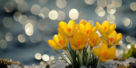 Group of Vibrant Yellow Crocus Flowers Blooming in Spring with Sparkling Bokeh Backgroundの素材