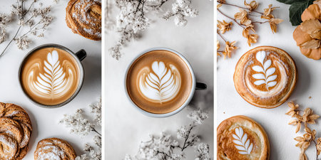 Latte Art, Coffee, Pastries,, Top View, Bakery, Food Photography, Minimalist, Breakfast, Croissantsの素材