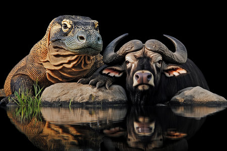 Komodo Dragon and Water Buffalo A Dramatic Portrait of Wildlife Contrast, Isolated on Blackの素材