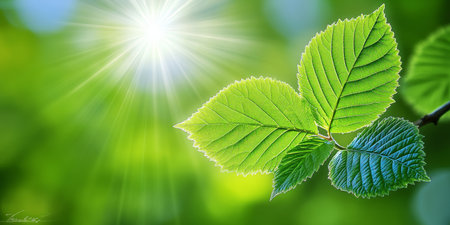 Sunbeams Through New Leaves Close-up, Intense Natural Light Effects on Vibrant Green Foliageの素材