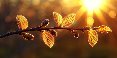 Backlit Spring Branch Newly Emerged Leaves Glowing in Sunlight - Extreme Close-Up, Bokeh Backgroundの素材