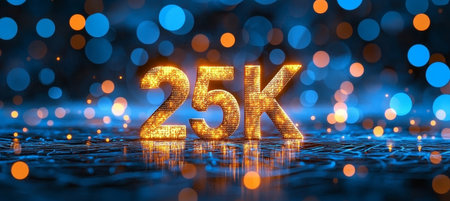 Glowing Digital 25K Number Sign On Abstract Background With Bokeh Lights. 3D Number In Cyberspace.の素材