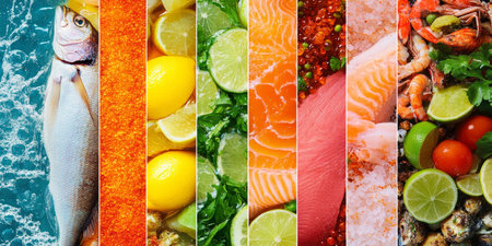 Variety of Nutritious Salmon, Fish, Seafood With Lime Garlic Spices Herbs Ingredients Cevicheの素材
