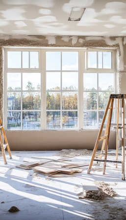 Sunlight Streams Through Large Window Illuminating Under Construction Room With Building Materials.の素材