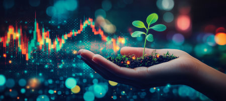 Sustainable Growth and Investment Hand Holding Sprout with Stock Market Chart Overlayの素材