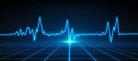 Bright Blue EKG Graph Ending on a Dark, Minimalist Grid Backdrop, Illuminated Line Effectの素材