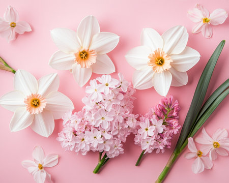 Spring Blooms on Pastel Pink Artistic Flat Lay of Fresh Daffodils, Hyacinths, Floral Arrangementの素材