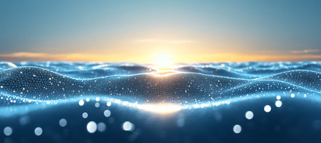 Abstract Shiny Cyan Blue Wavy Surface 3D Render Dotted Light Points Technology Connectionsの素材