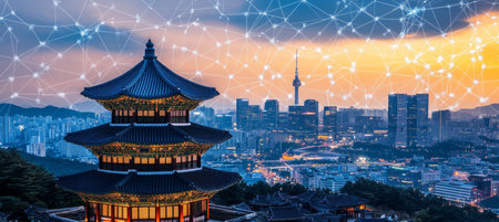 Traditional Korean Temple and Modern Cityscape with Futuristic Network Technology Overlayの素材
