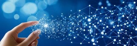Fingertip Reaching Illuminated Network Web of Interconnected Points on Blue Background, Vector Artの素材