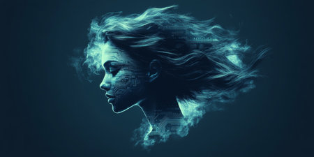 Abstract Female Profile A Stylized Head Silhouette with Motherboard Patterns in Turquoise and Cyanの素材