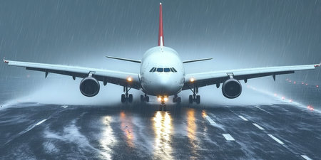 Passenger Airplane Taking Off from Wet Runway Amidst Heavy Rain and Stormy Weather Conditionsの素材