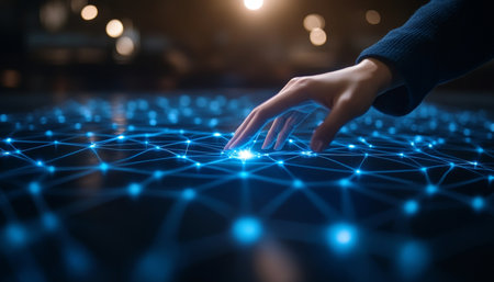 Hand Interacting with a Glowing Neural Network of Connected Nodes on a Dark Blue Backgroundの素材