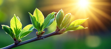 Fresh Spring Leaves Budding on a Branch, Shallow Depth of Field, Backlit by Golden Sunlight.の素材