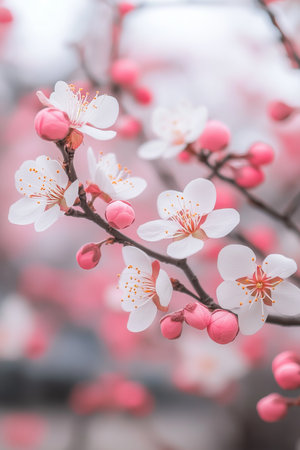 Delicate Beauty A Close-Up of Pink and White Spring Blossoms Glowing in the Natural Lightの素材