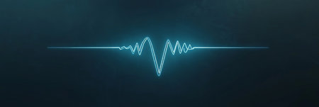 Teal Blue Digital Heartbeat Line with a Flatline on Dark Blue Background, Representing Life and Lossの素材