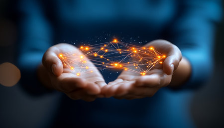 Interconnected Communication. Female hands cupping a network glowing dots virtual interface.の素材