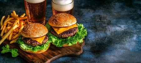 Two Delicious Cheeseburgers with Fresh Fries and Refreshing Cold Beers, Served on Wooden Boardの素材