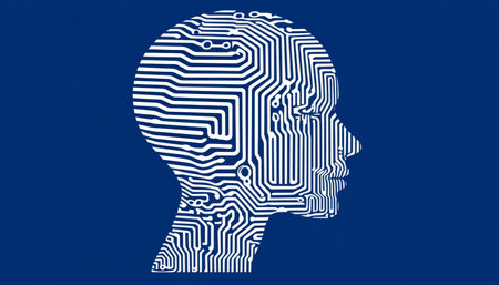 Digital Human Head Human Head Profile Composed of White Circuit Boards and Binary on Blue.の素材