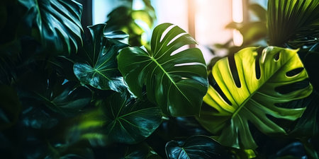 Lush, Vibrant Green Tropical Leaves Creating A Textured And Refreshing Natural Background.の素材