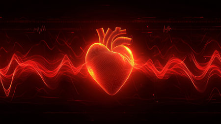 Geometric Vector Art of a Glowing Human Heart with Sharp Red Wave Lines on a Dark Backgroundの素材